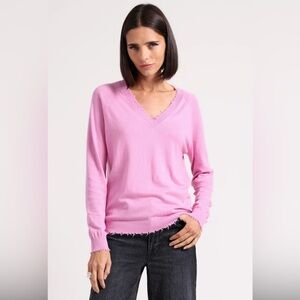 Minnie Rose Pink W Neck Raw Edge Sweater.